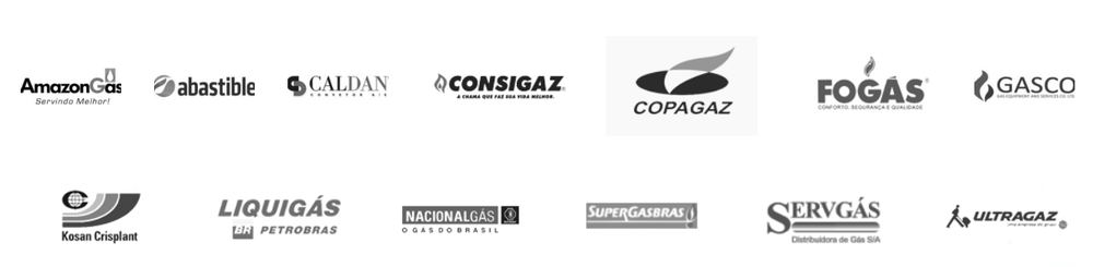Logos de clientes atendidos: AmazonGás, Abastible, Caldan, Consigaz, Copagaz, Fogás, Gasco, Kosan Crisplant, Liquigás, Nacional Gás, Supergasbras, Servgás, Ultragaz