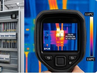 Câmera termográfica FLIR detectando falha potencial em painel elétrico