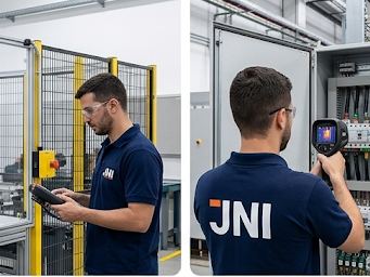 Técnico JNI inspecionando painel elétrico com câmera termográfica